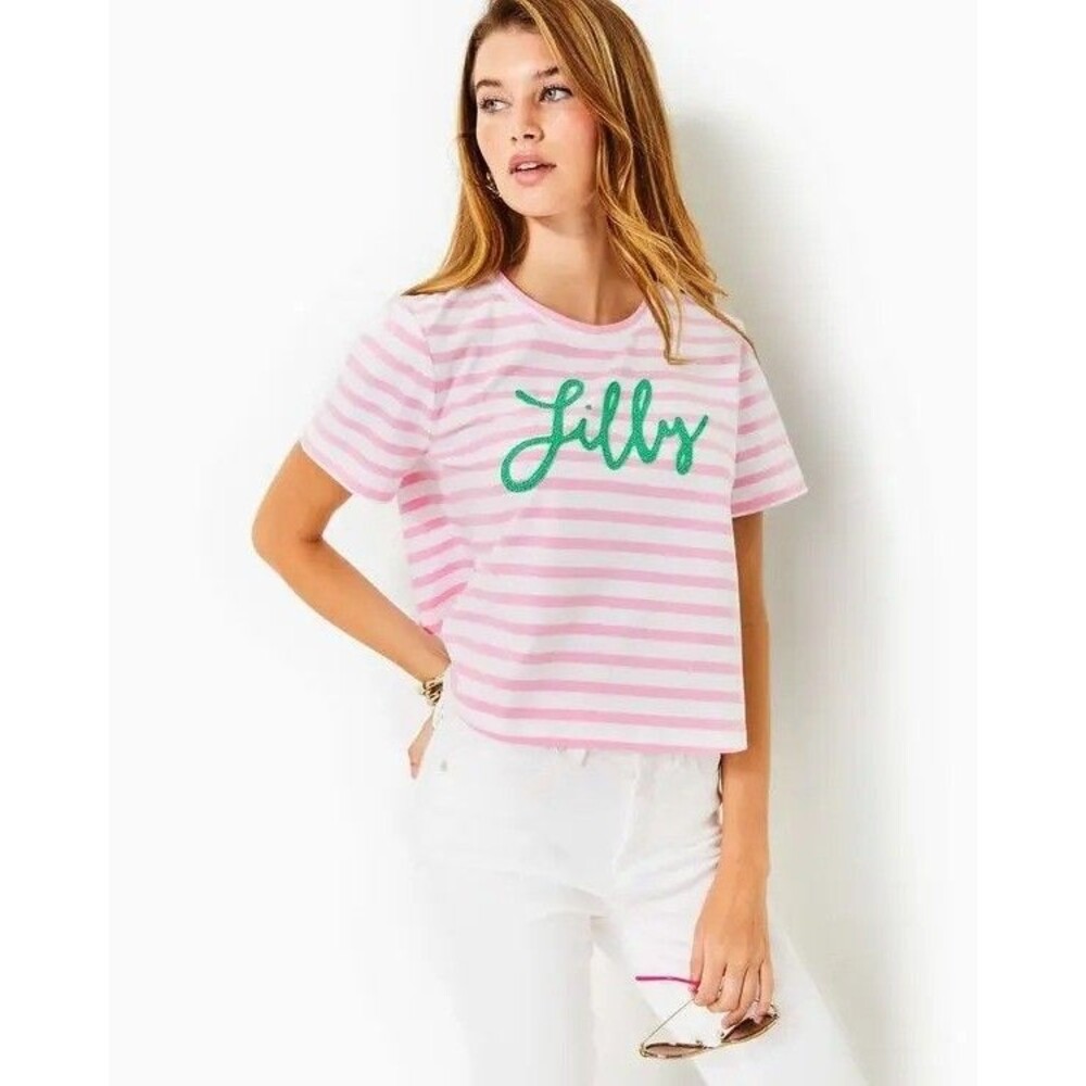 Lilly Pulitzer Keenan T-shirt Top Striped Print Bead Embellished Cotton M 287599